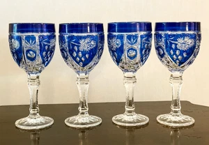 Juego de 4 copas de agua Anna Hutte de cristal de plomo cortado a transparente de cobalto descontinuado - Imagen 1 de 6