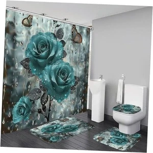 4 Pcs Bathroom Shower Curtain Set,Bathroom Sets with Rugs(Bath B-teal Rose - Picture 1 of 6