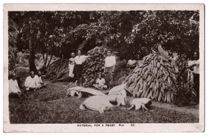Nativos étnicos del Pacífico Sur de Fiji 1910 RPPC preparan fiesta, tortugas, ñames tubérculos - Imagen 1 de 2