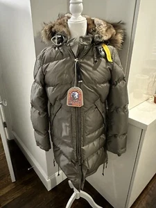 Parajumpers Women's Long Bear Green Sage Parka Small Down Jacket Leather Hood - Picture 1 of 16