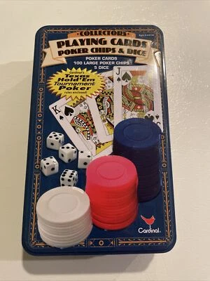 Collectors Playing Cards 100 Large Poker Chips & 5 Dice game in a Tin box - Image 1 of 4