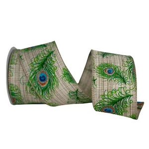 Green Blue Peacock Feathers Linen Ribbon, 2.5" x 10Y Fall Christmas Wreath Decor - Picture 1 of 6