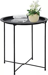 End Table Metal Side Table Black round Folding Tray Cyan Sofa Small Accent Table - Picture 1 of 10