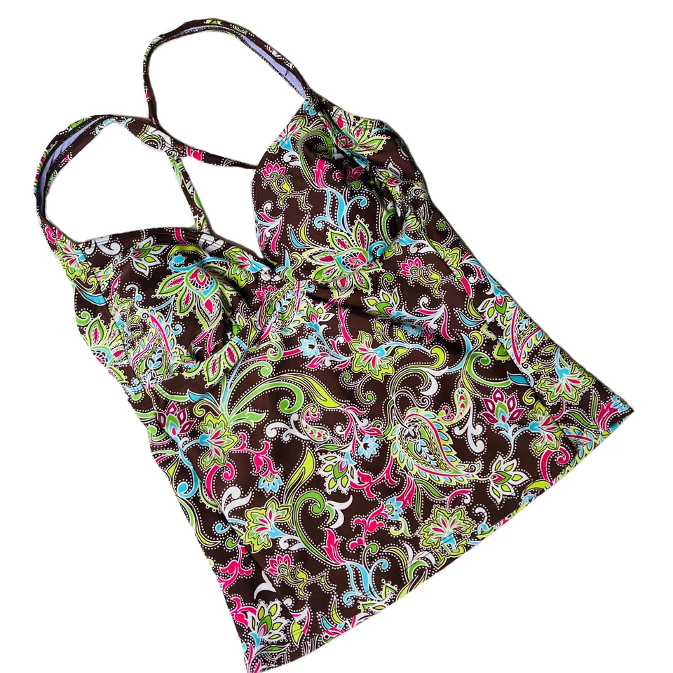 Athleta Tankini Top Brown Paisley Padded Wired Bra Adjust Straps Size 34D - Image 1 of 4