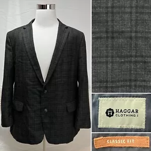 Men's Haggar Classic Fit Charcoal Gray Windowpane Plaid Black 50L Blazer Jacket - Picture 1 of 10