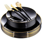 Nervure 150PCS Plastic Plates - and Gold Disposable Plates - Premium Black