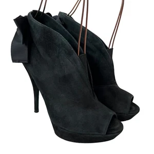 Vera Wang high heel booties 6.5 Royce black suede peep toe bow platform pump - Picture 1 of 12