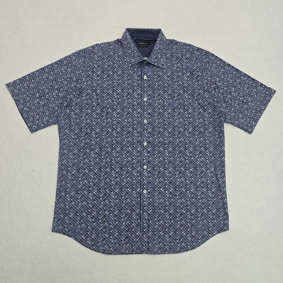 Рубашка Bugatchi на пуговицах с коротким рукавом мужская размер XL синяя геометрическая форма классическая - Изображение 1 из 4