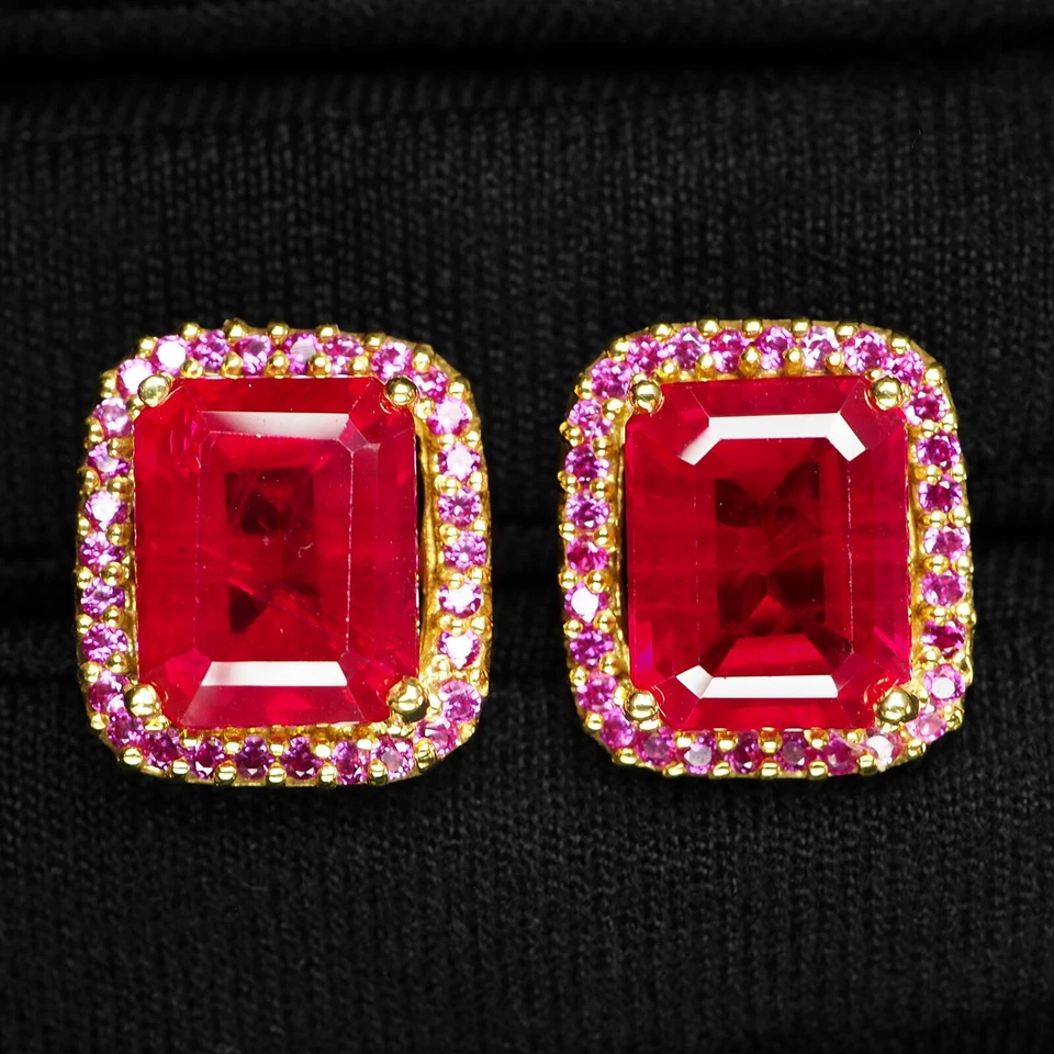 SPLENDIDI ORECCHINI BAGUETTE RUBINO ROSSO ARGENTO STERLING 925 PLACCATO ORO 24K - Immagine 1 di 4