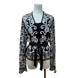 JS Collections Women's Black Embroidered Blouse With White Floral Design Sz 12 - Picture 1 of 24