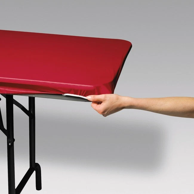 Red 8' Banquet Stay Put Elastic Fitted Plastic Tablecloth Tableware Supplies - Image 1 of 1