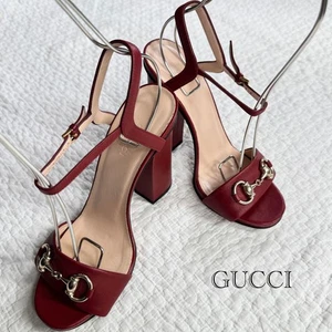 GUCCI Horsebit Strap Sandals size 36 Red Bordeaux Leather Block Heel Ankle Strap - Picture 1 of 24