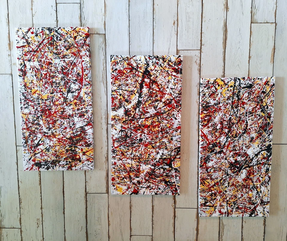 Pintura de acción abstracta original estilo Jackson Pollock conjunto de tres 12x24 Foto 1 de 4