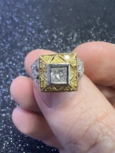 14K Two Tone Gold Princess Halo Diamond Ring - Picture 1 of 7