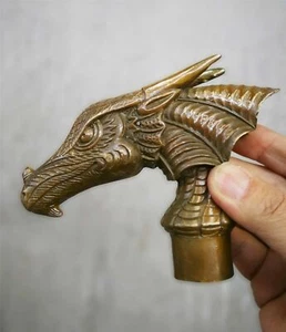 Old Bronze Brown Patina Dragon Dinosaur Beast statue Cane Walking Stick Head - Picture 1 of 6