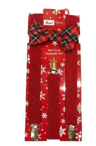 New Christmas Holiday Red Plaid Suspender Bow Tie Set for Young Boy - Picture 1 of 3