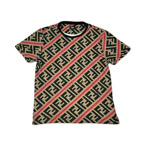 Authentic Fendi T-Shirt Monogram Brown and Red Striped Diagonal FF size M-L - Picture 1 of 17