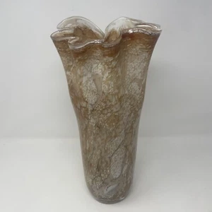 Vintage Murano Glass Vase Brown White Swirl Blown Glass 13” Ribbon Edge - Picture 1 of 10
