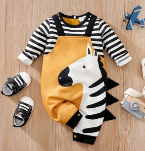 Baby Boy Outfit Romper 6-9M One-piece Coverall Zebra Yellow Black Stripes NEW - Picture 1 of 6