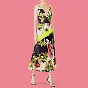 CHRISTIAN SIRIANO Hawaiian print crepe & silk tie maxi dress chartreuse bar 4 2F - Picture 1 of 13
