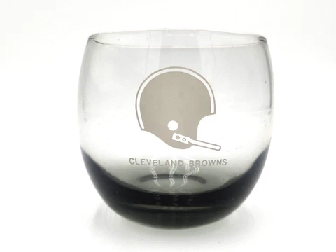 NFL Cleveland Browns Tumbler Glass Smoked Glass Round Rocks Cup 1970's Bar 12oz Cover