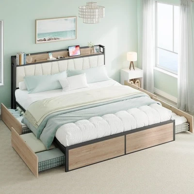California King Bed Frame with 4 Storage Drawers, Platform Bed with Charged H... - Image 1 of 4