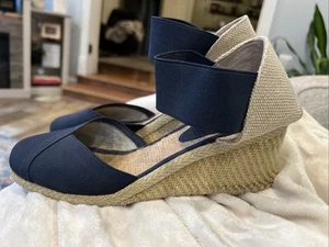 LAUREN Ralph Lauren Charla Espadrille Wedge Sandals, Navy/Tan, Womens Sz9B NICE - Picture 1 of 12