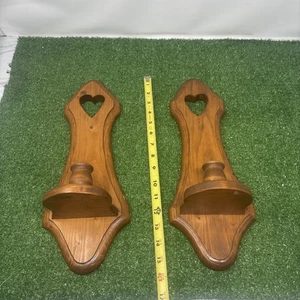 Pair of 80s Wooden Sconce Candle Holders Set of 2 Heart Cut Out Wall Hangings - Picture 1 of 4
