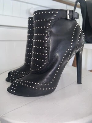 Alexander McQueen Black Leather Ankle Boots Studded Peep Toe Size 38 1/2 - Image 1 of 4