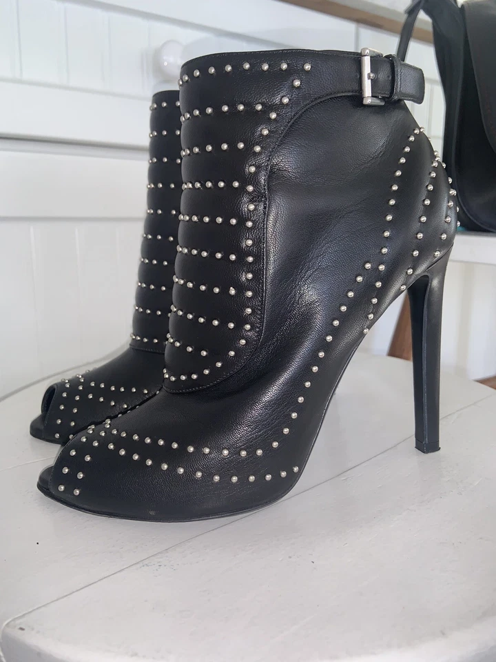 Alexander McQueen Black Leather Ankle Boots Studded Peep Toe Size 38 1/2 - Image 1 of 4