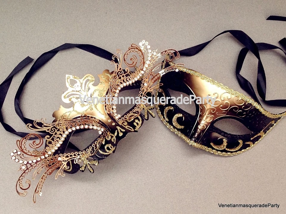 Couple Black Gold Masquerade Mask Pair Dance Prom Dress up Wedding Costume Party - Image 1 of 1