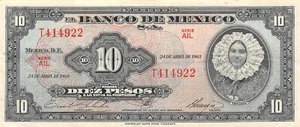 Messico 10 Pesos 24.4.1963 Serie AIL Prefisso T Banconota Circolata M6 - Foto 1 di 2