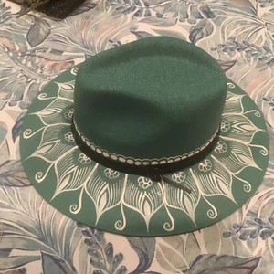 Mexican Artisan Hand Painted Fedora Floral Panama Bohemian Hat Blue Green Large - Picture 1 of 7