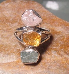 Sterling silver rose quartz/aquamarine/lemon quartz ring UK P/US 7.75 Gift bag. - Picture 1 of 7