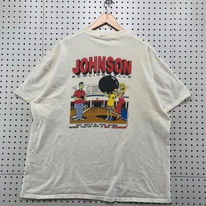Camicia divertente vintage anni 90 Big Johnson bowling uomo 2XL bianca punto singolo USA 25X30 - Foto 1 di 20