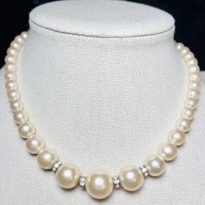 Vintage Single Strand Choker Necklace Japan White Bead Faux Pearl Rhinestone 16” - Picture 1 of 7