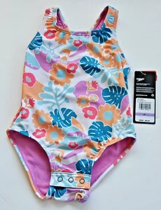 Speedo Toddler Girl's 3T 1 Pc Swimsuit Cyclamen Lilac Orange White Blue Floral - Picture 1 of 2