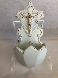 Vintage Holy Water font Bisque Porcelain Wall Mount - 7" - Picture 1 of 11