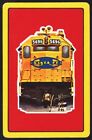 Vintage playing card SANTA FE railroad red background with a train pictured