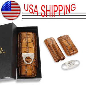 Brown Travel Leather Cigar Holder Case Tube Humidor Cigar Cutter 2 Hold Gift Box - Picture 1 of 11