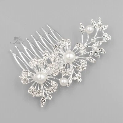 花卉新娘发梳珍珠水晶头饰婚礼配件银色 40007 — 第 1/4 张图片