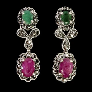 925 Sterling Silver Earrings Oval Ruby 7x5mm Emerald Marcasite Gemstone Jewelry - Picture 1 of 13