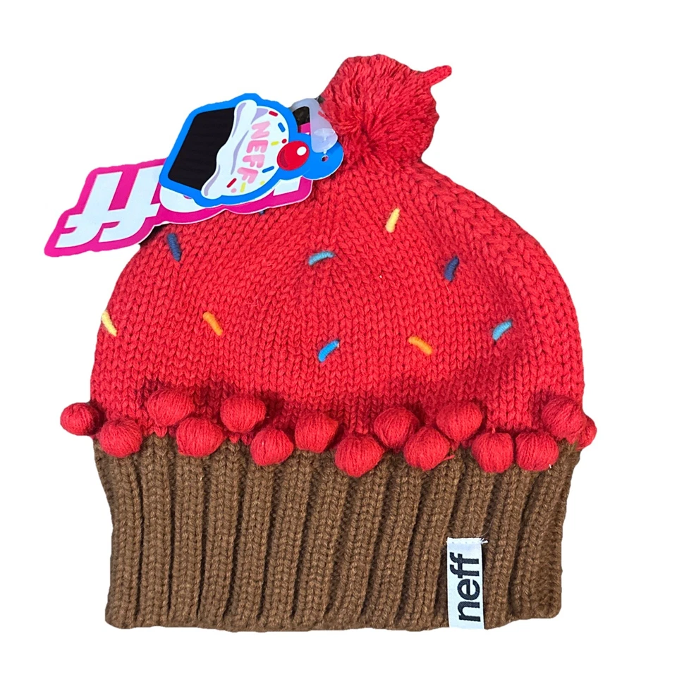 Gorro para mujer Cupcake tejido ganchillo sombrero rojo cereza talla única nuevo con etiquetas Neff Foto 1 de 4