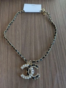 Chanel CC Logo Necklace Gold/Black Pearl Decoration 1.6in Used - Picture 1 of 3