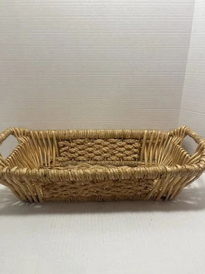 Rectangular Woven Rattan Basket with Handles Boho Farmhouse Natural Storage Tray - Image 1 of 4