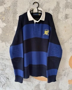 POLO RALPH LAUREN COTTON KNIT STRIPED BLACK BLUE RUGBY SWEATER SIZE L Y2K STYLE  - Picture 1 of 13