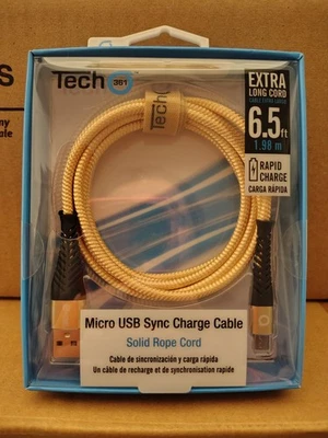 Tech 361 Micro USB Sync Charge Cable Solid Rope 6.5ft Rapid Charge Gold - Image 1 of 3