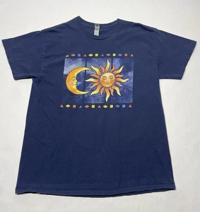 Navy Blue Sun Moon Celestial Print Crew T-Shirt Size L Faded Worn In Faded Retro - Bild 1 von 15