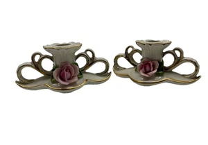 VTG Dresden Porcelain Rose Candle Holders Pair Gold Trim Germany Cottagecore - Picture 1 of 5