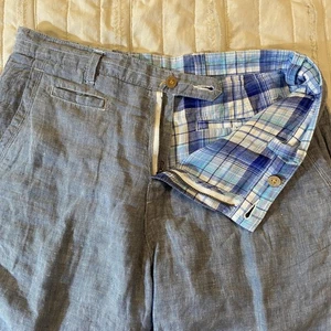 Tommy Bahama Shorts Mens 33 Blue Plaid Reversible Linen Bermuda Summer Casual - Picture 1 of 17